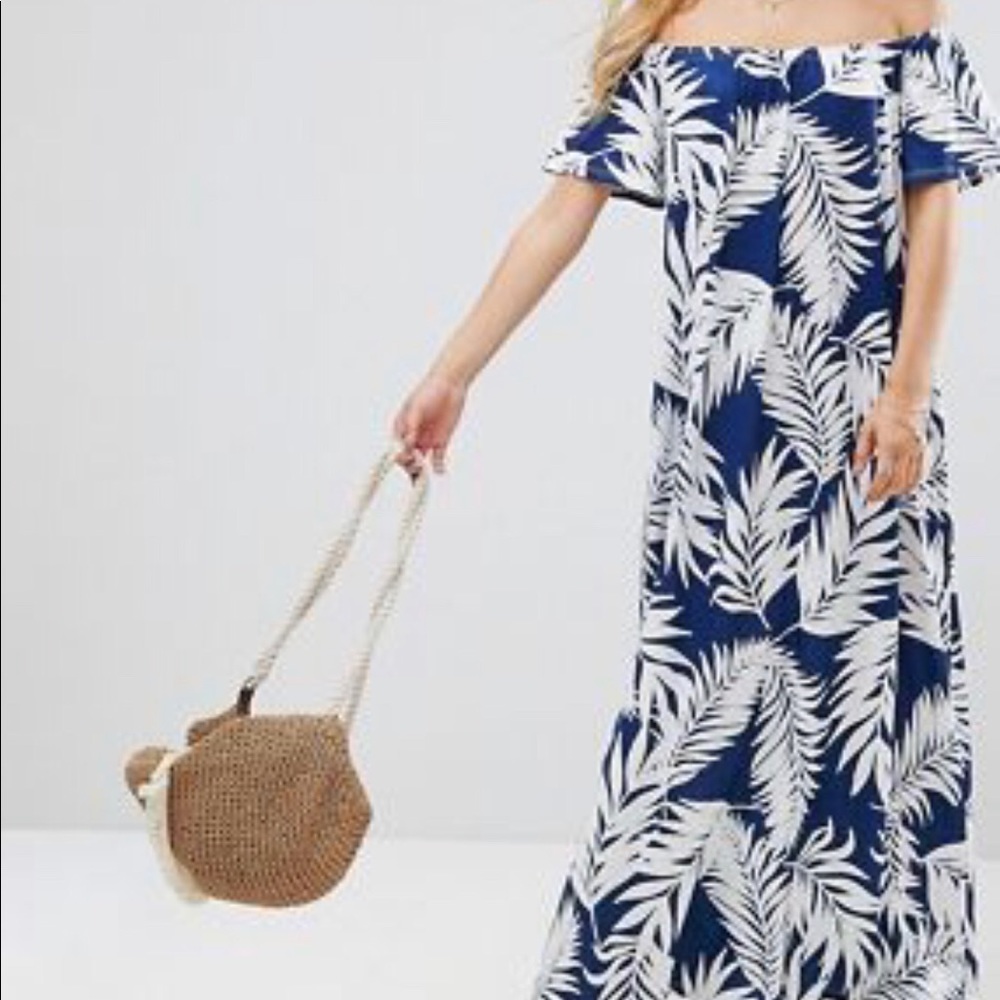 ASOS Royal Blue/White Palm Print Off Shoulder Maxi